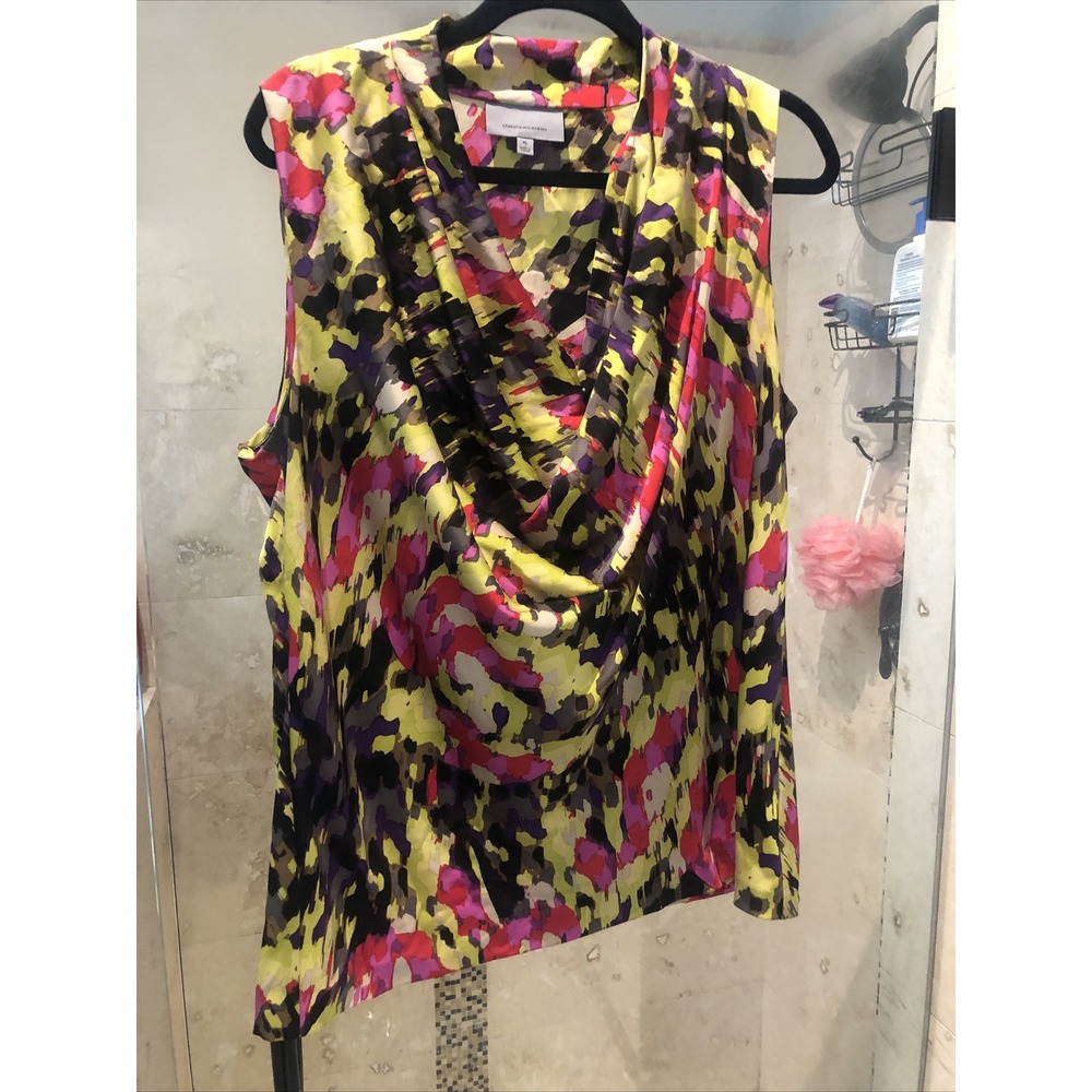 Classiques entier silk Blouse Xl Watercolor Fall Print Red Yellow Green Cowl